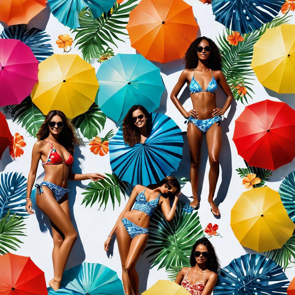 A stylish beach scene featuring diverse models showcasing the latest swimwear trends, surrounded by vibrant beach umbrellas, colorful beach towels, and tropical plants. The sun is shining brightly, casting warm light on the scene, and the ocean waves gently lap at the shore. Focus on trendy designs and bold patterns in swimwear, with an emphasis on summer vibes and fun. super-realistic. vibrant colors. beach setting.