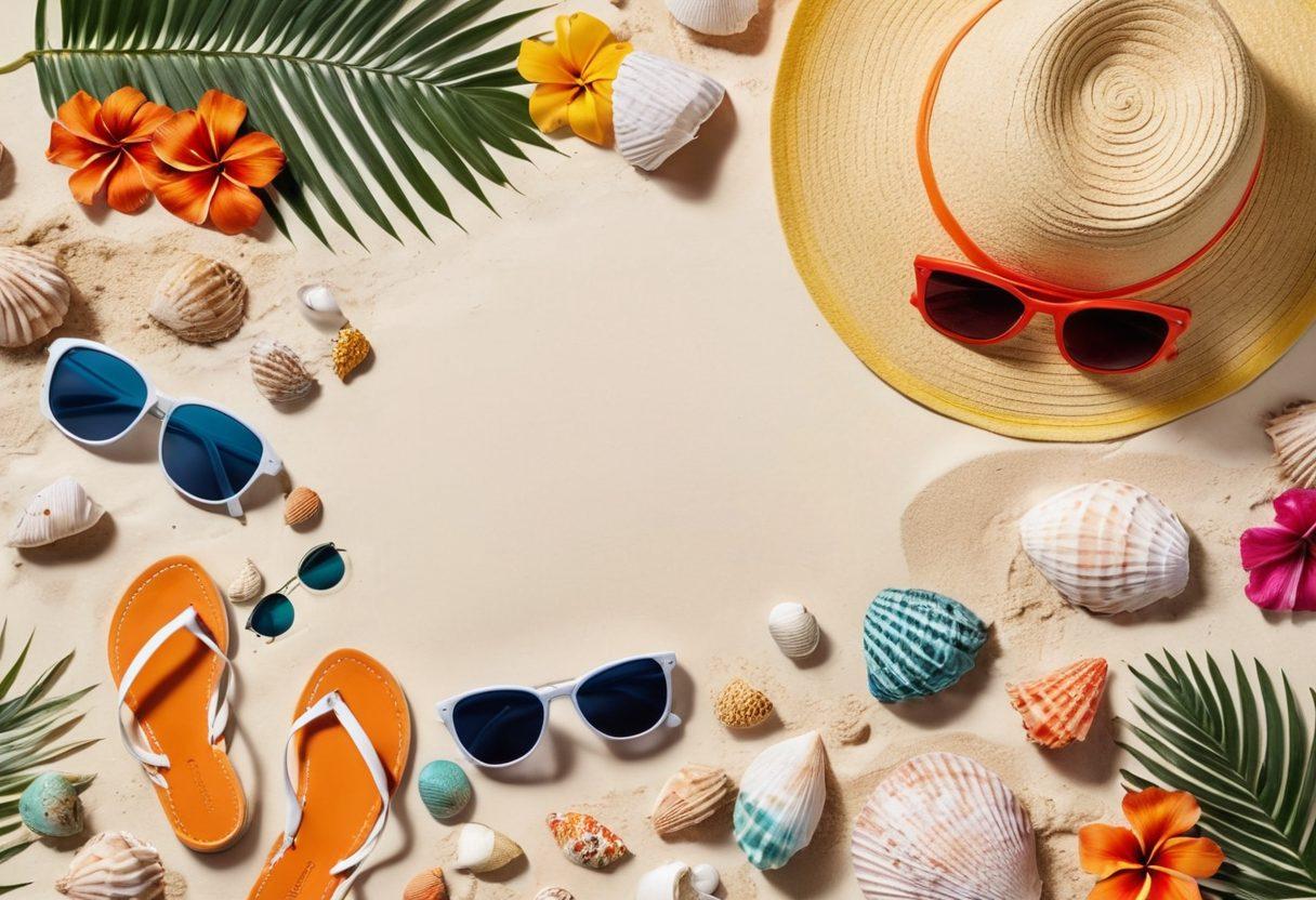 A stylish flat lay featuring a variety of chic summer fashion essentials including colorful swimwear, trendy sunglasses, sleek beach hats, and vibrant accessories like laid-out bracelets and sandals on a sunlit sandy beach. Enhance with tropical flowers and seashells for an inviting summer vibe. vibrant colors. super-realistic. white background.